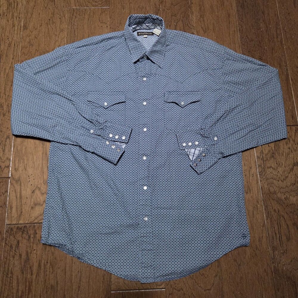 Stetson Mens Large Pearl Snap Button Down Long Sleeve Shirt Geometric Blue